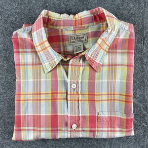 LL Bean Shirt Mens X-Large Blue Pink Plaid Seersucker Short Sleeve Button Casual